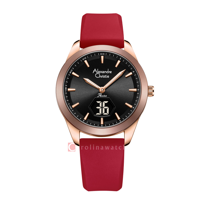 Jam Tangan Alexandre Christie Passion AC 9394 LHRRGBARE Women Black Dial Red Rubber Strap