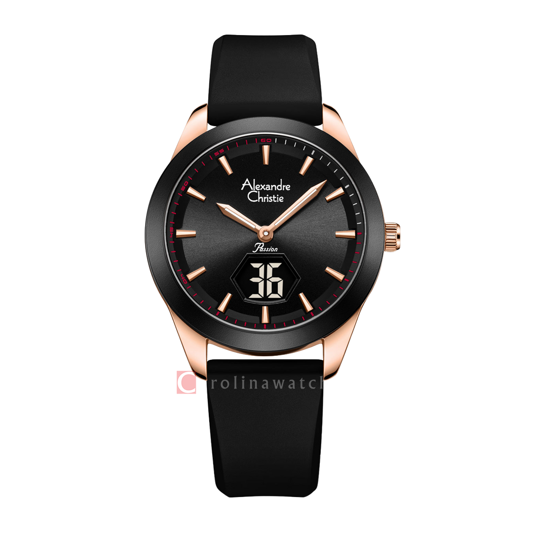 Jam Tangan Alexandre Christie Passion AC 9394 LHRRGBA Women Black Dial Black Rubber Strap