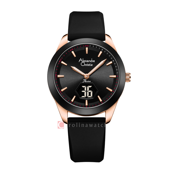 Jam Tangan Alexandre Christie Passion AC 9394 LHRRGBA Women Black Dial Black Rubber Strap