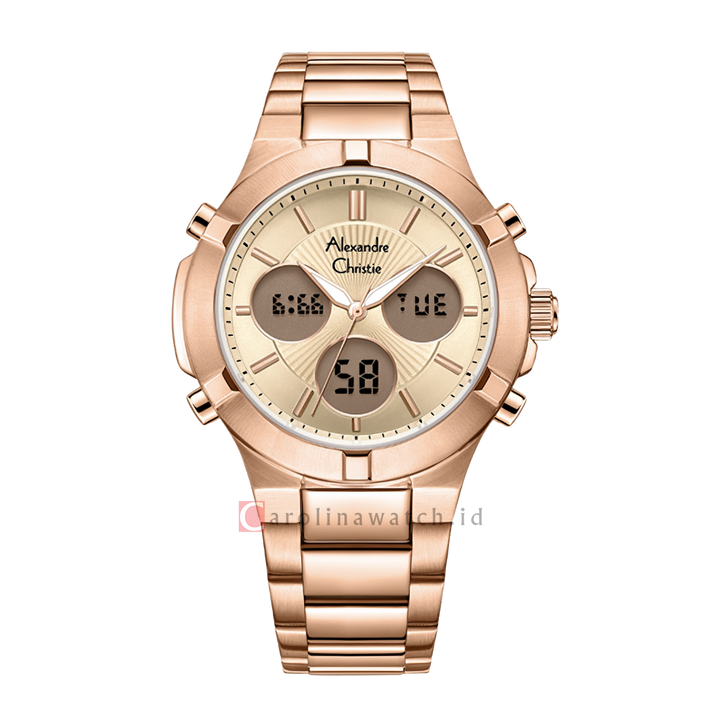 Jam Tangan Alexandre Christie AC 9400 LHBRGLN Women Gold Digital Analog Dial Rose Gold Stainless Steel Strap