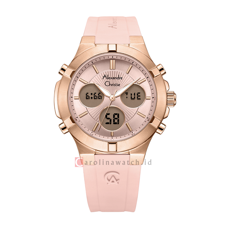 Jam Tangan Alexandre Christie AC 9400 LHRRGPN Women Pink Digital Analog Dial Pink Rubber Strap