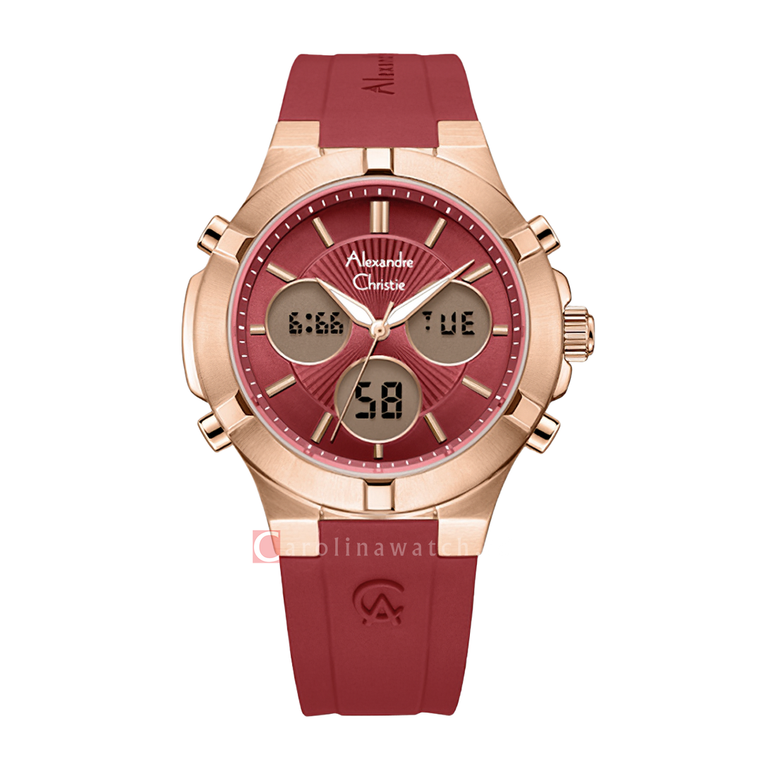 Jam Tangan Alexandre Christie AC 9400 LHRRGRE Women Red Digital Analog Dial Red Rubber Strap