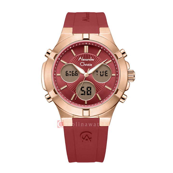 Jam Tangan Alexandre Christie AC 9400 LHRRGRE Women Red Digital Analog Dial Red Rubber Strap