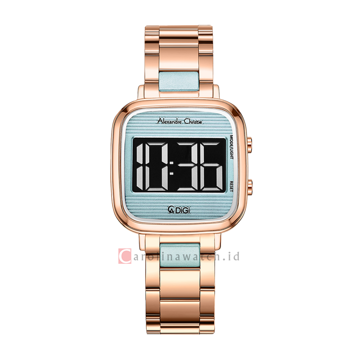 Jam Tangan Alexandre Christie DIGI AC 9402 LHBRGLB Women Light Blue Digital Dial Rose Gold Stainless Steel Strap