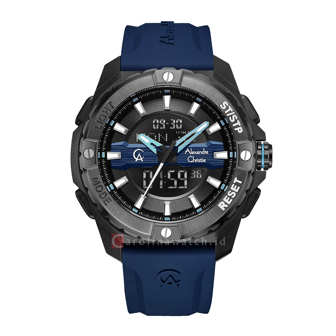 Jam Tangan Alexandre Christie AC 9404 MHREPBABU Men Black Digital Analog Dial Blue Rubber Strap