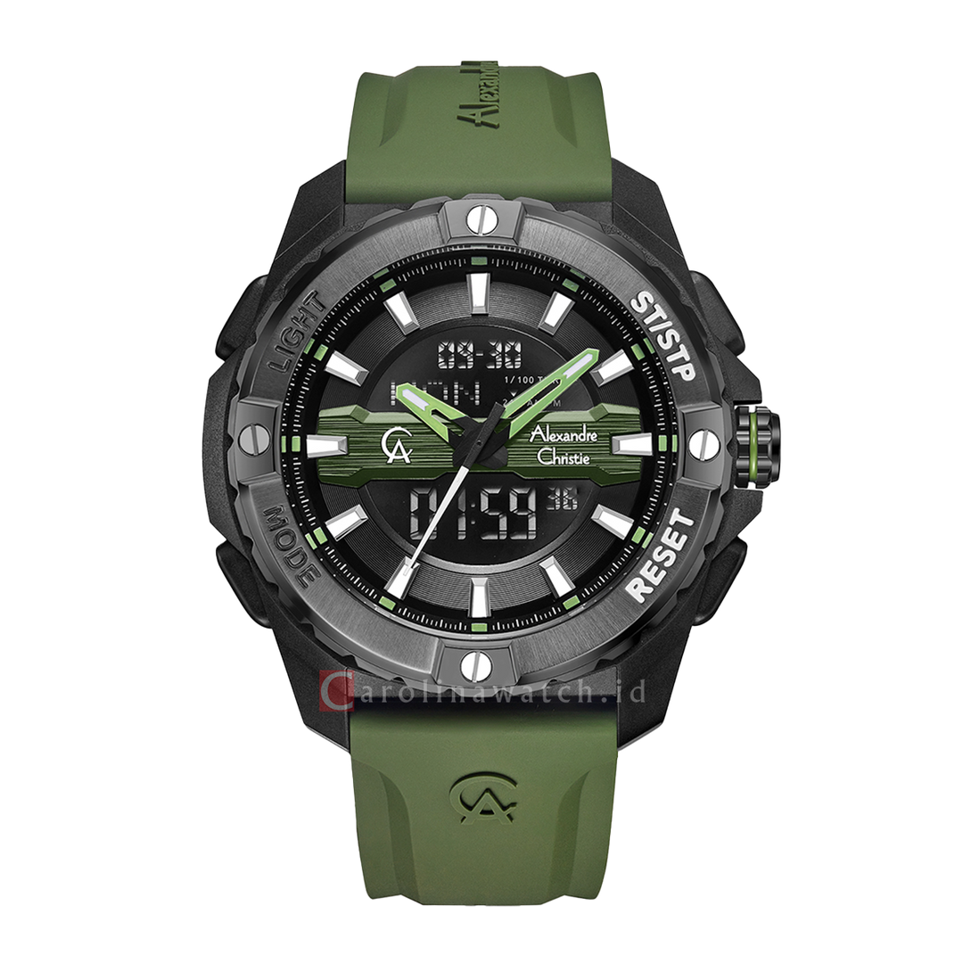 Jam Tangan Alexandre Christie AC 9404 MHREPBAGN Men Black Digital Analog Dial Green Rubber Strap