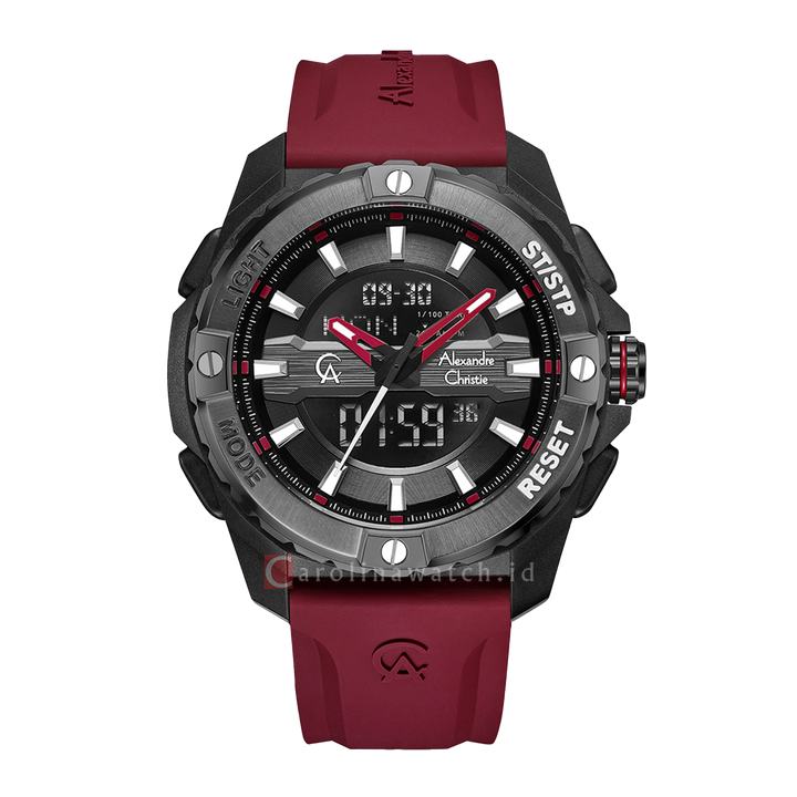 Jam Tangan Alexandre Christie AC 9404 MHREPBARE Men Black Digital Analog Dial Red Rubber Strap