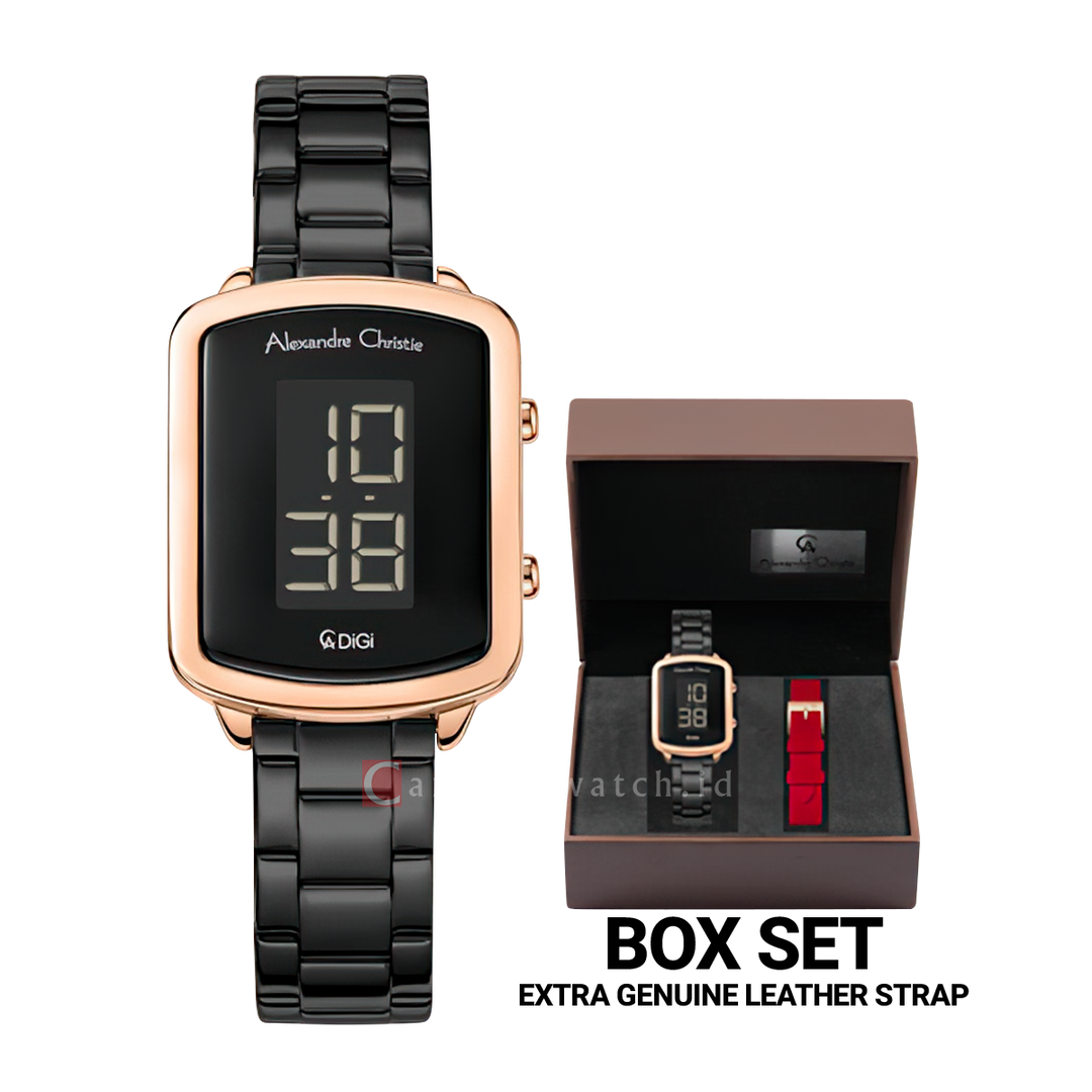 Jam Tangan Alexandre Christie DIGI AC 9495 LHBBRBA Women Digital Dial Black Stainless Steel Strap + Box Set Extra Genuine Leather Strap