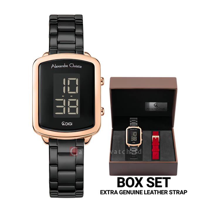 Jam Tangan Alexandre Christie DIGI AC 9495 LHBBRBA Women Digital Dial Black Stainless Steel Strap + Box Set Extra Genuine Leather Strap