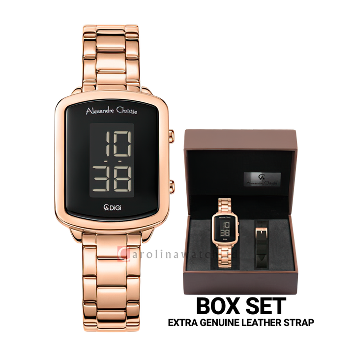 Jam Tangan Alexandre Christie DIGI AC 9495 LHBRGBA Women Digital Dial Rose Gold Stainless Steel Strap + Box Set Extra Genuine Leather Strap