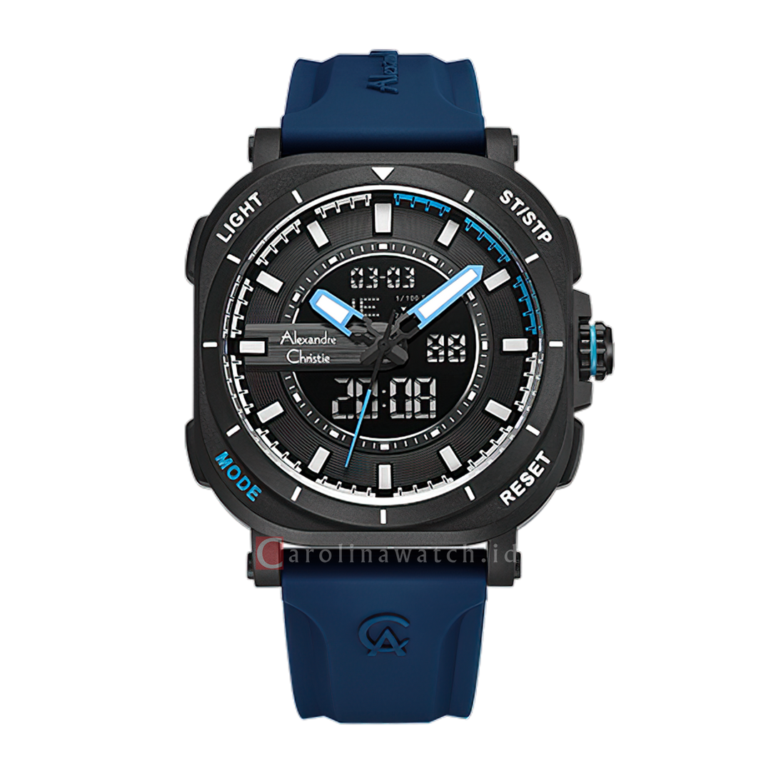 Jam Tangan Alexandre Christie AC 9501 MHRIPBABU Men Black Digital Analog Dial Blue Rubber Strap