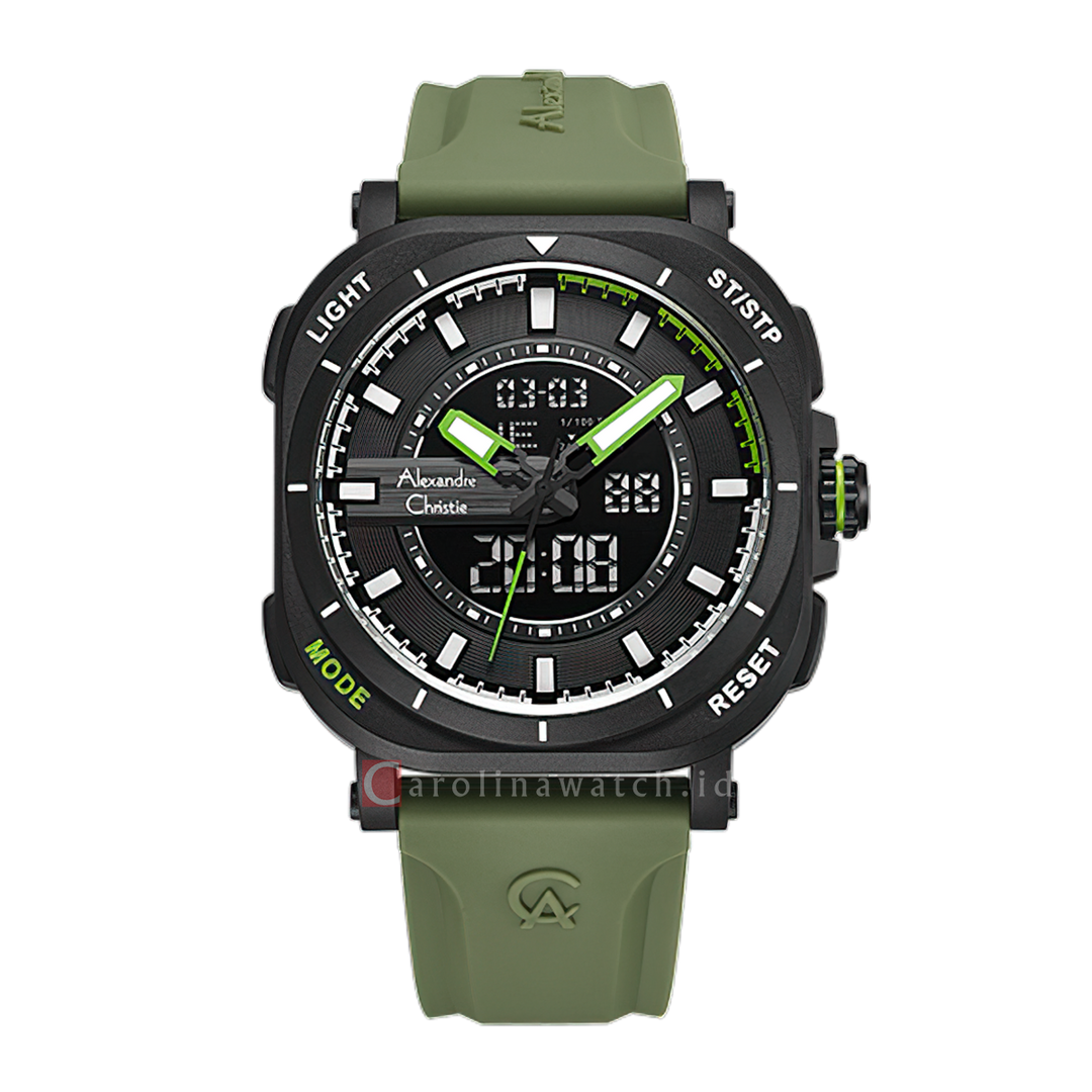 Jam Tangan Alexandre Christie AC 9501 MHRIPBAGN Men Black Digital Analog Dial Green Rubber Strap