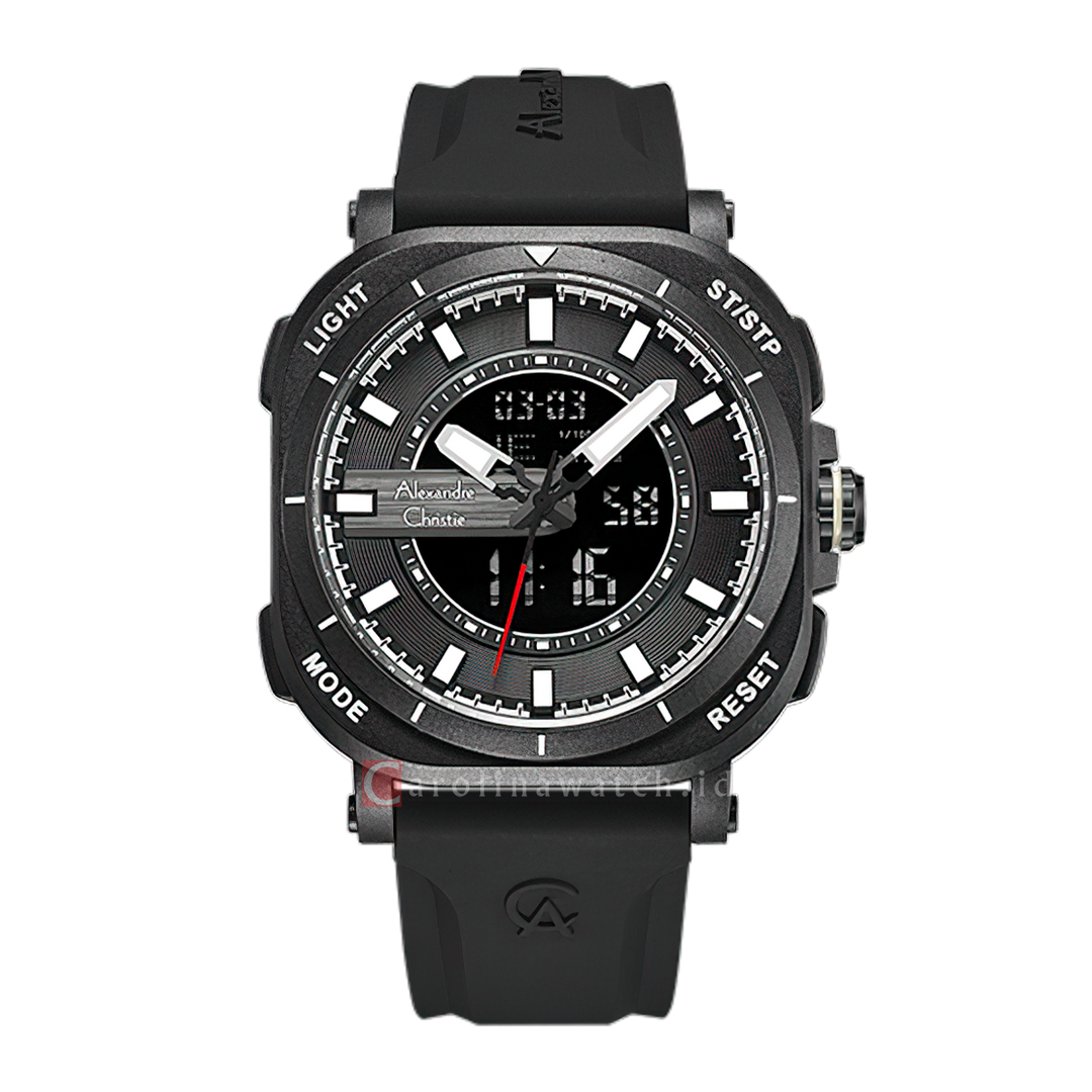 Jam Tangan Alexandre Christie AC 9501 MHRIPBARE Men Black Digital Analog Dial Black Rubber Strap