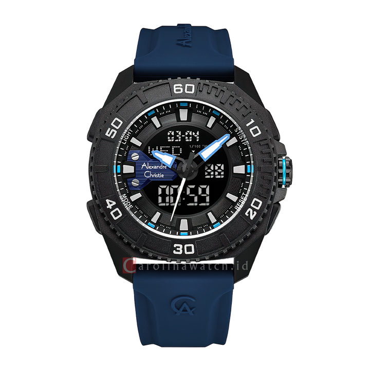 Jam Tangan Alexandre Christie AC 9502 MHRIPBABU Men Digital Analog Dial Blue Rubber Strap