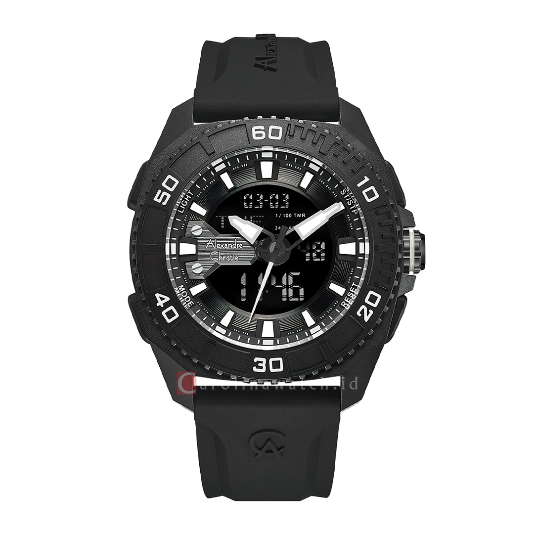Jam Tangan Alexandre Christie AC 9502 MHRIPBADG Men Digital Analog Dial Black Rubber Strap