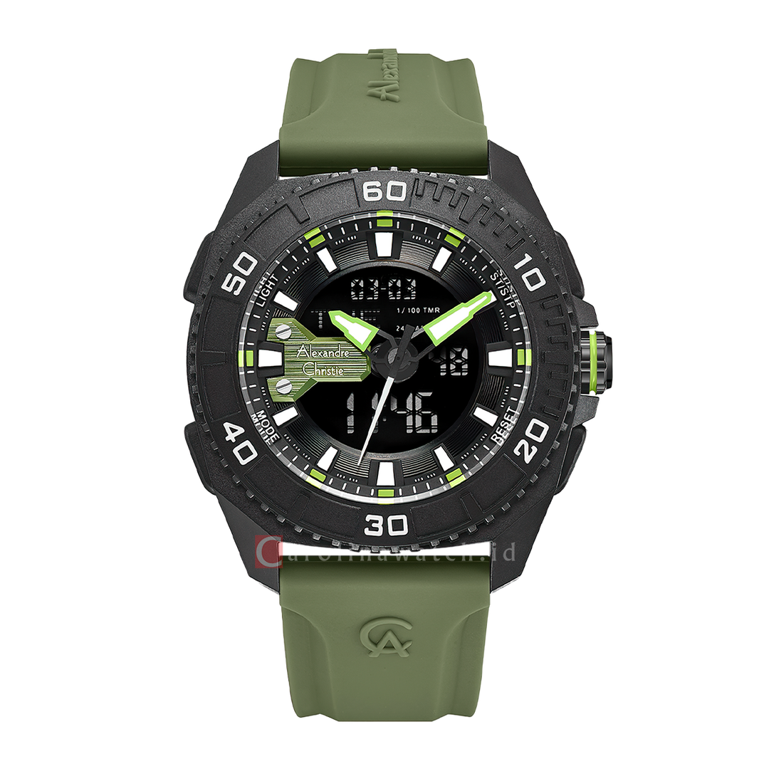 Jam Tangan Alexandre Christie AC 9502 MHRIPBAGN Men Digital Analog Dial Green Rubber Strap