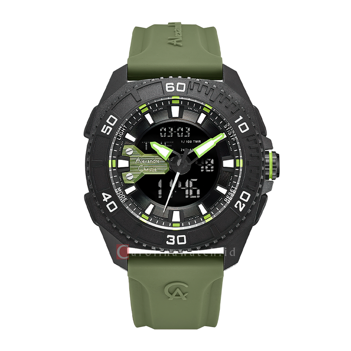 Jam Tangan Alexandre Christie AC 9502 MHRIPBAGN Men Digital Analog Dial Green Rubber Strap
