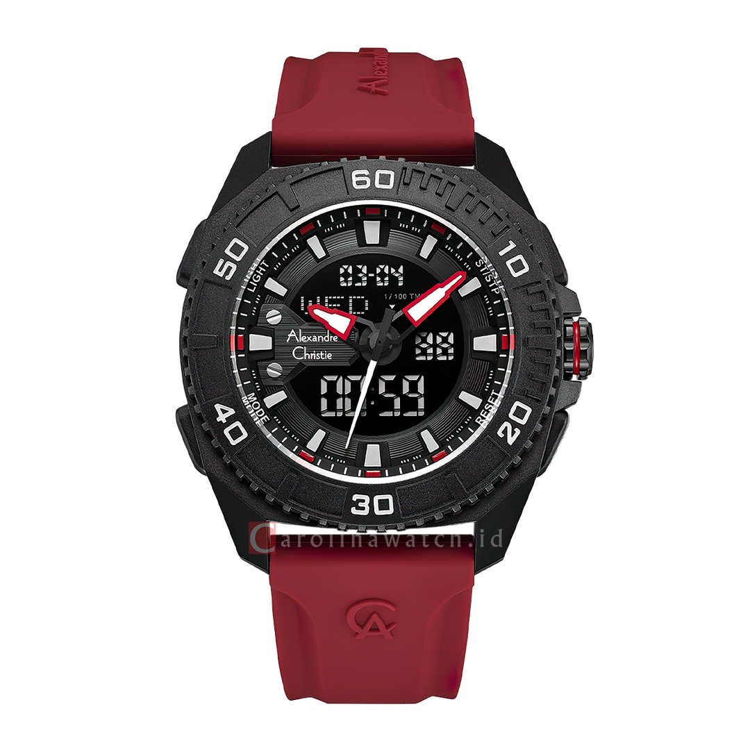 Jam Tangan Alexandre Christie AC 9502 MHRIPBARE Men Digital Analog Dial Red Rubber Strap