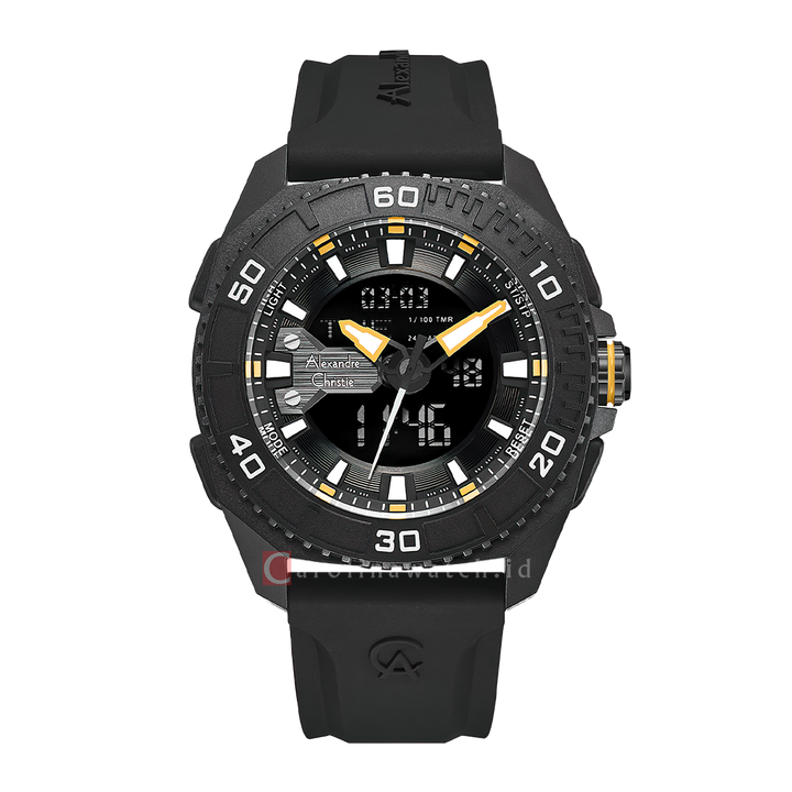 Jam Tangan Alexandre Christie AC 9502 MHRIPBAYL Men Digital Analog Dial Black Rubber Strap