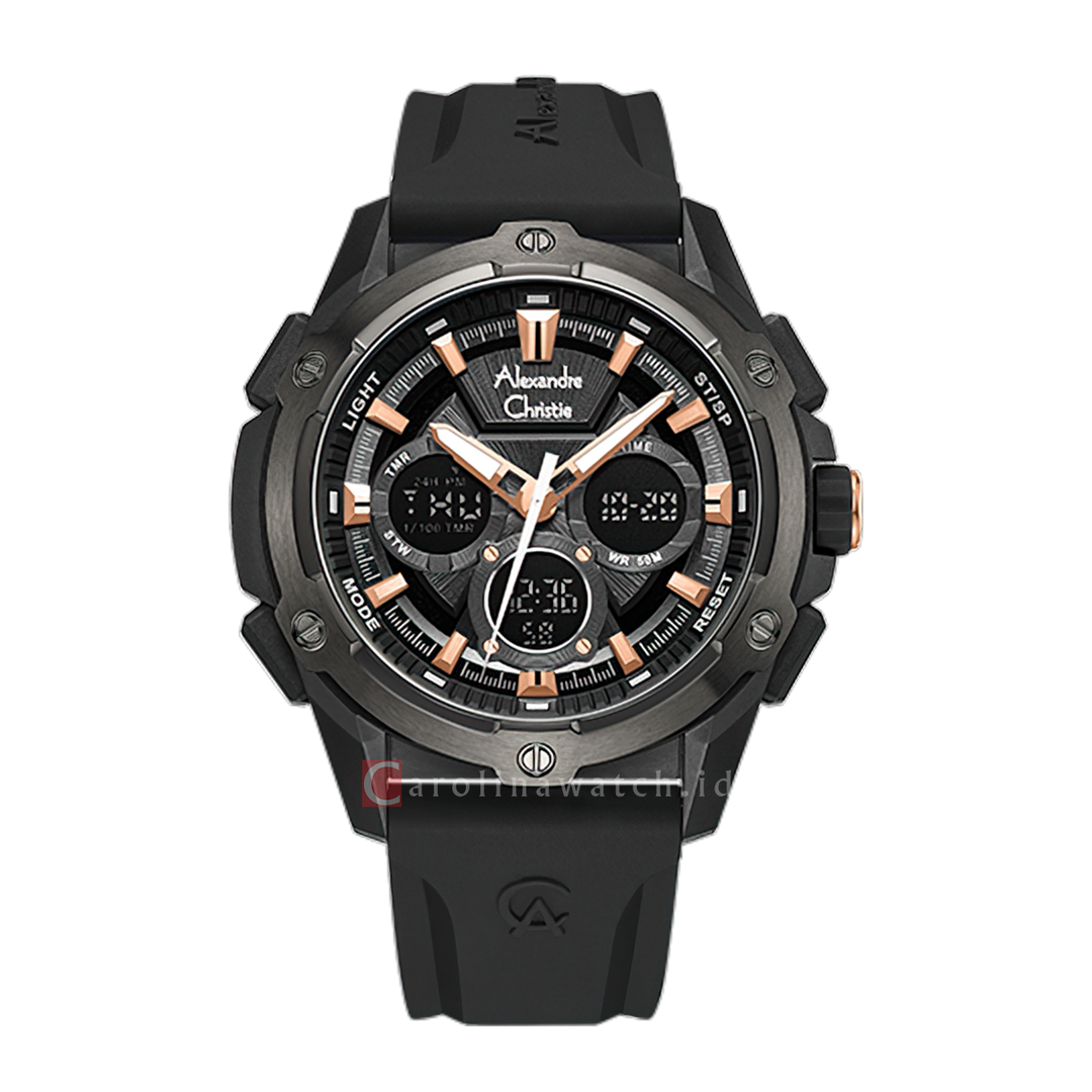 Jam Tangan Alexandre Christie AC 9503 MHREPDGRG Men Digital Analog Dial Black Rubber Strap