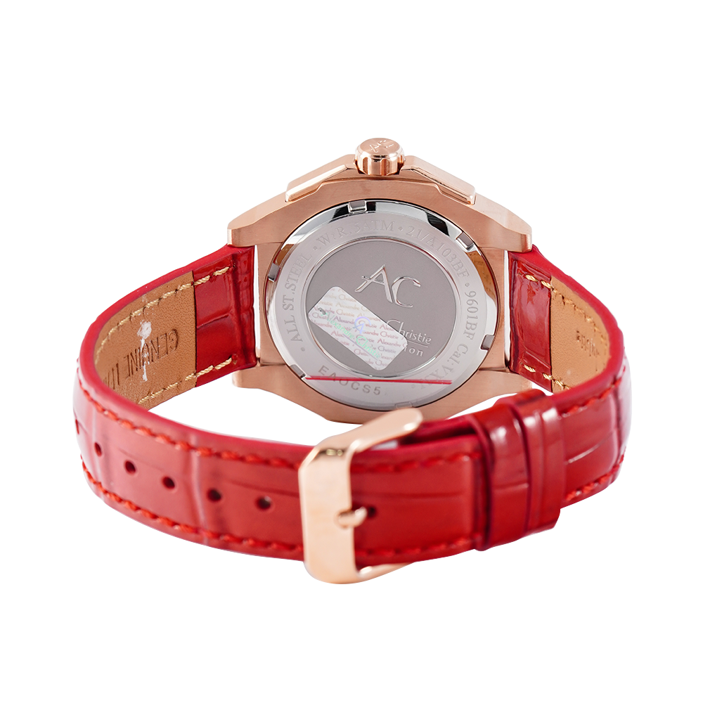 Jam Tangan Alexandre Christie AC 9601 BFLRGLN Women Gold Dial Red Leather Strap