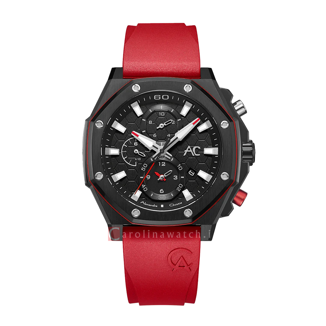 Jam Tangan Alexandre Christie Collection AC 9601 GCRIPBARE Men Black Dial Red Rubber Strap