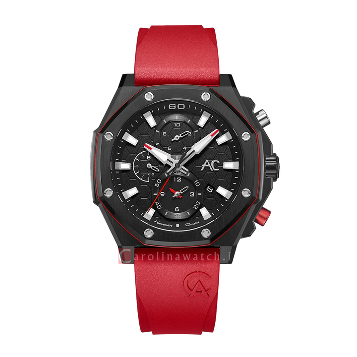 Jam Tangan Alexandre Christie Collection AC 9601 GCRIPBARE Men Black Dial Red Rubber Strap