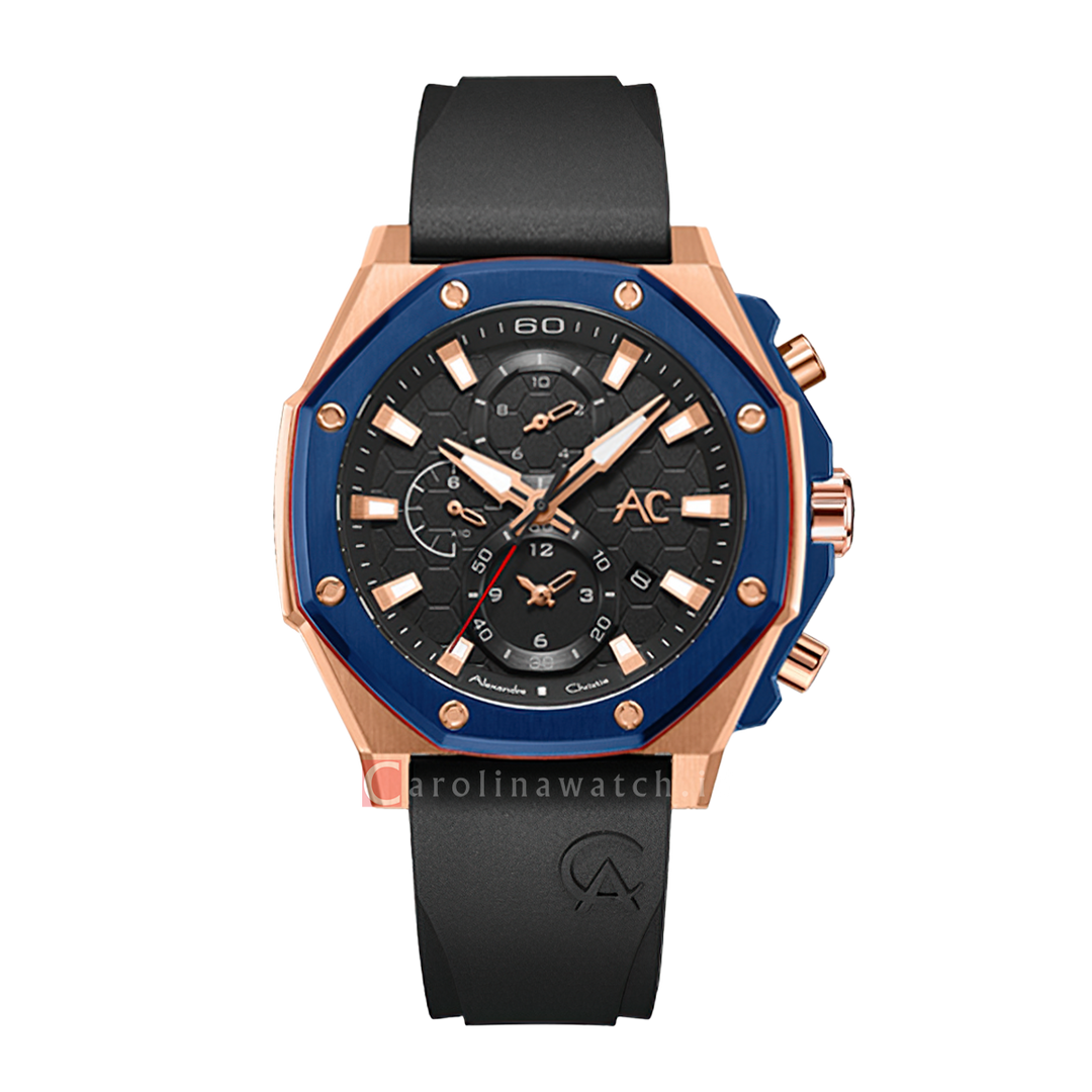 Jam Tangan Alexandre Christie Collection AC 9601 GCRURBA Men Black Dial Black Rubber Strap