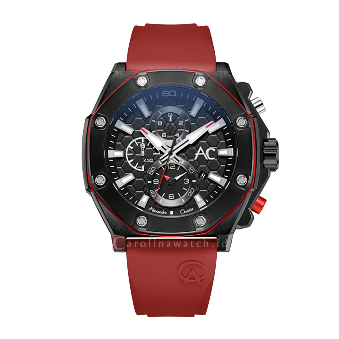 Jam Tangan Alexandre Christie Chronograph AC 9601 MCRIPBARE Men Black Dial Red Rubber Strap