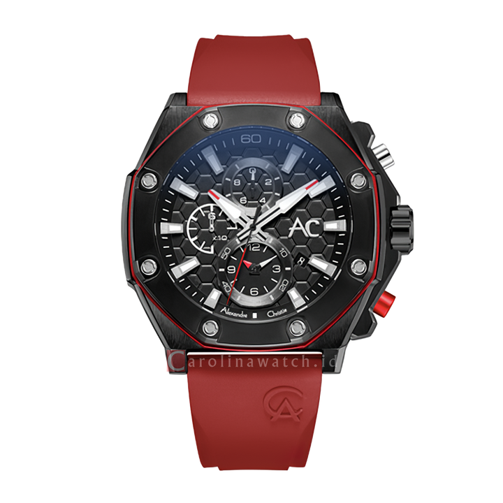 Jam Tangan Alexandre Christie Chronograph AC 9601 MCRIPBARE Men Black Dial Red Rubber Strap