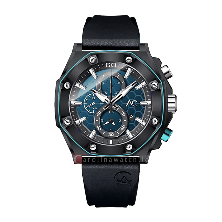 Jam Tangan Alexandre Christie Chronograph AC 9601 MCRIPBU Men Blue Dial Black Rubber Strap