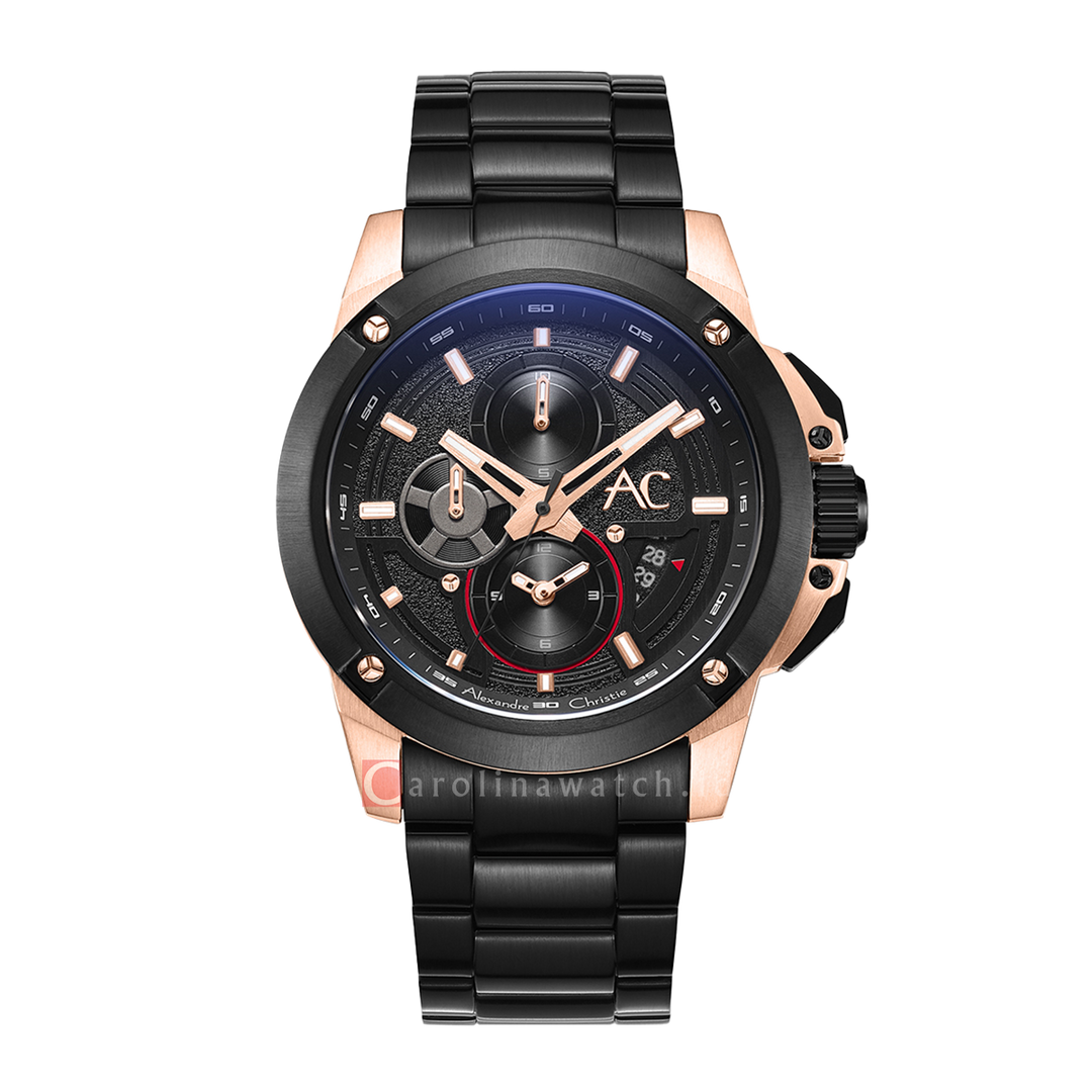 Jam Tangan Alexandre Christie Chronograph AC 9602 MCBBRBA Men Black Dial Black Stainless Steel Strap