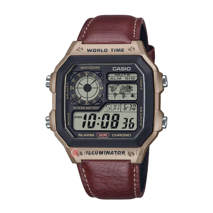 Jam Tangan Casio General AE-1200WHL-5A Men Digital Dial Maroon Leather Band