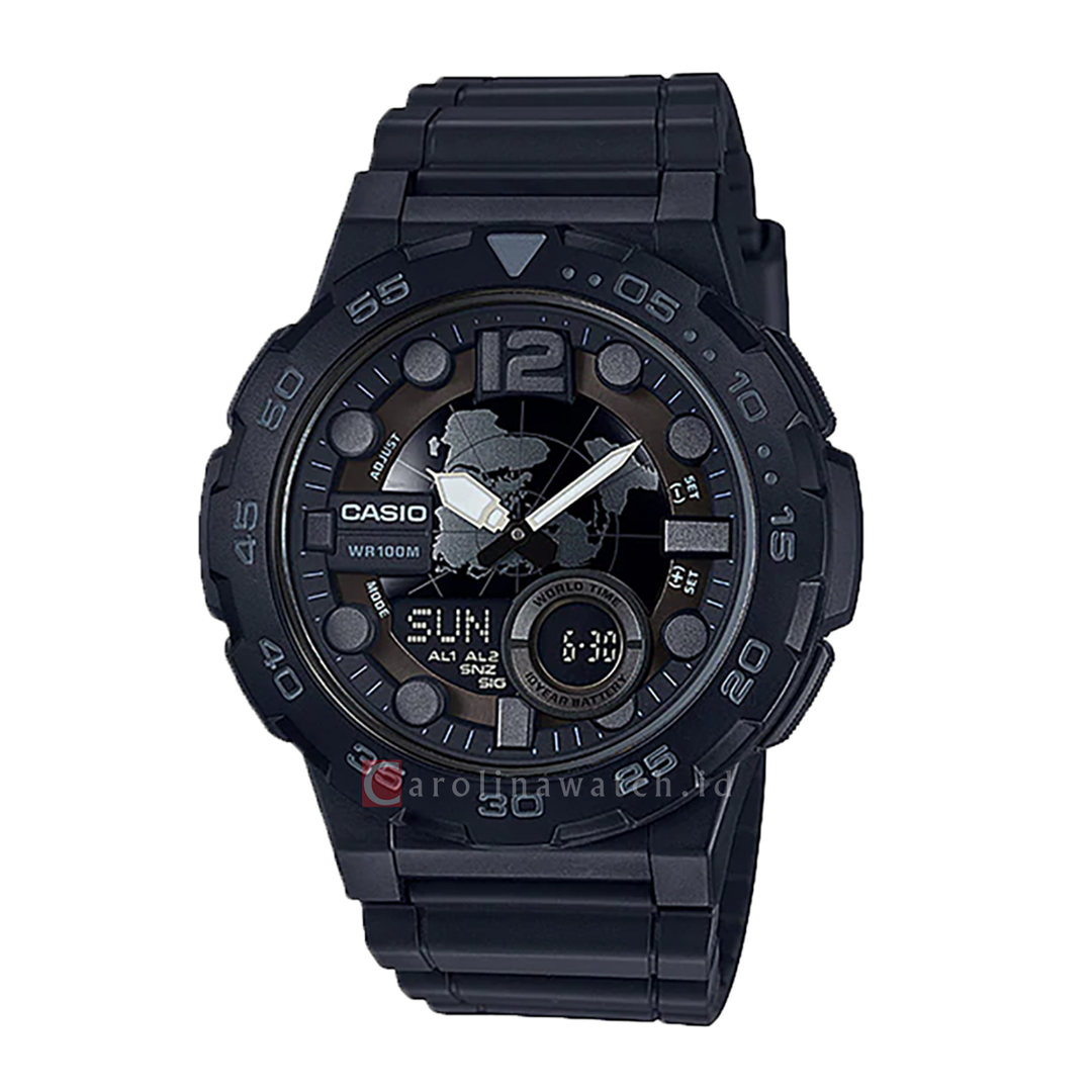 Jam Tangan Casio General AEQ-100W-1B Digital Analog Display Dial Black Resin Strap