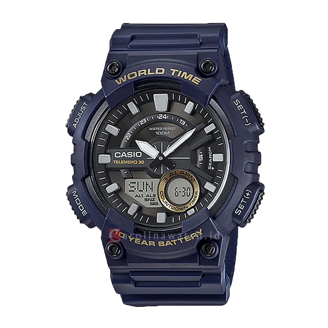 Jam Tangan Casio General AEQ-110W-2A Men Digital Analog Dial Blue Resin Band