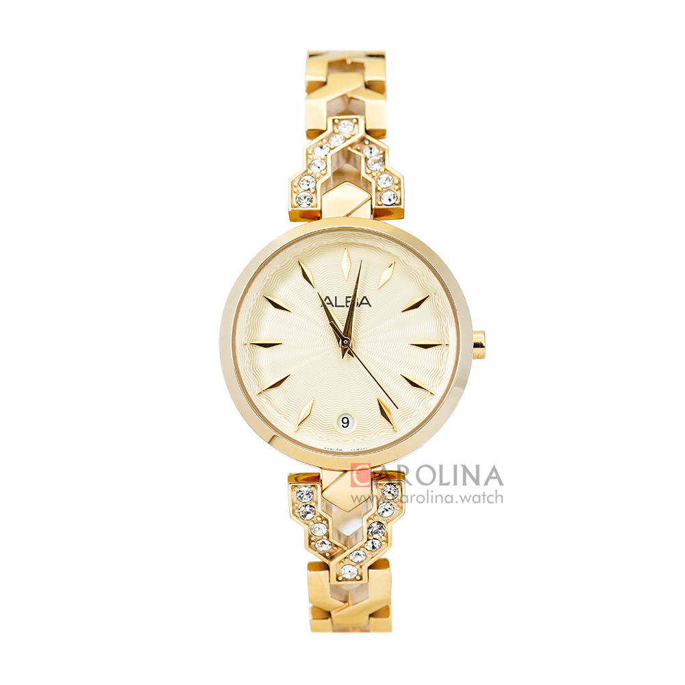 Jam Tangan ALBA AG8H74X1 Women Light Champagne Patterned Dial Gold Stainless Steel Strap