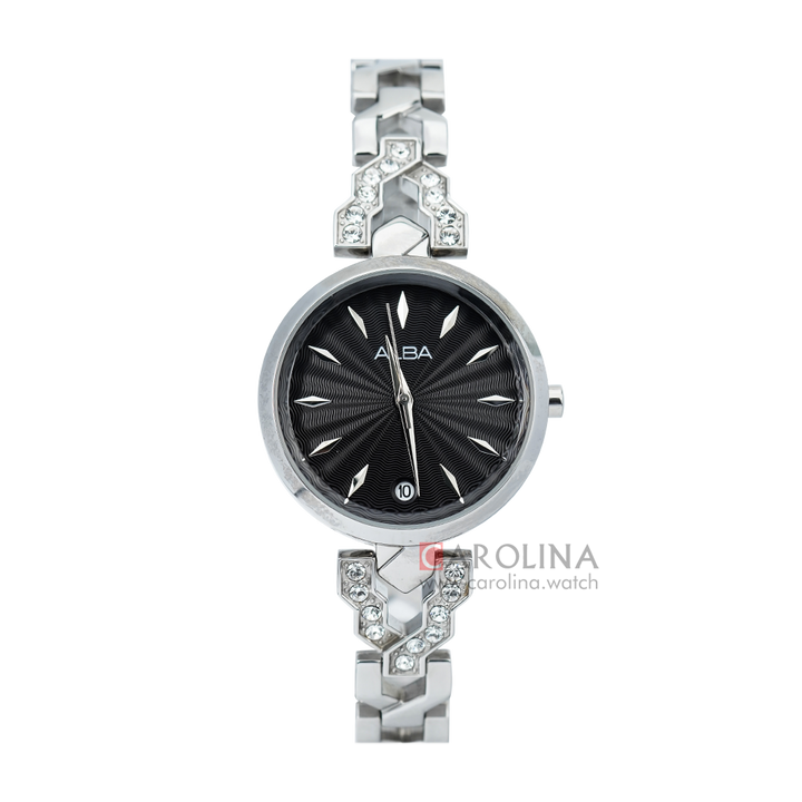 Jam Tangan ALBA AG8H75X1 Women Black Pattern Dial Sainless Steel Strap