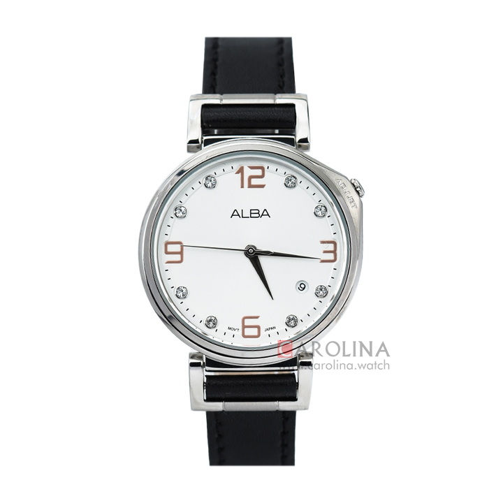 Jam Tangan ALBA AG8J23X1 Women Silver Dial Black Leather Strap