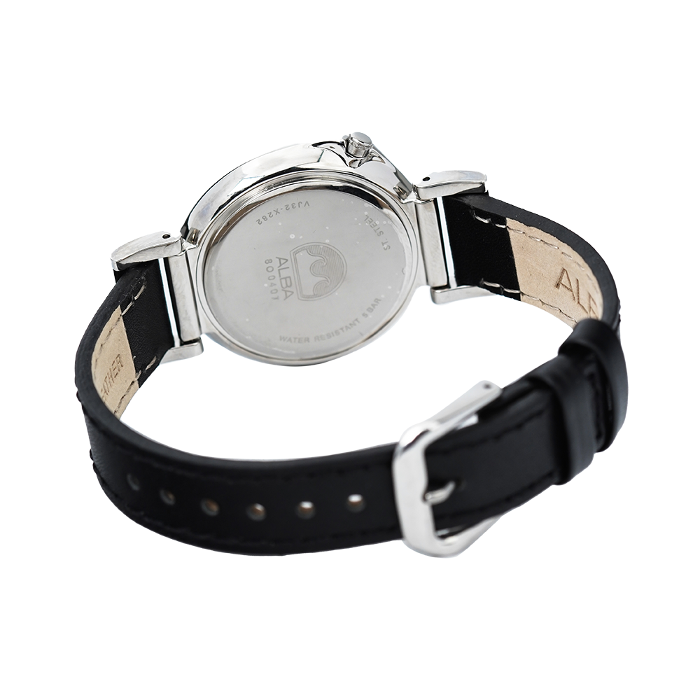 Jam Tangan ALBA AG8J23X1 Women Silver Dial Black Leather Strap