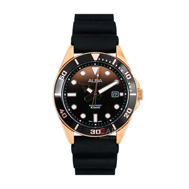 Jam Tangan ALBA Active AG8K20X1 Men Dark Brown Gradation Dial Black Rubber Strap