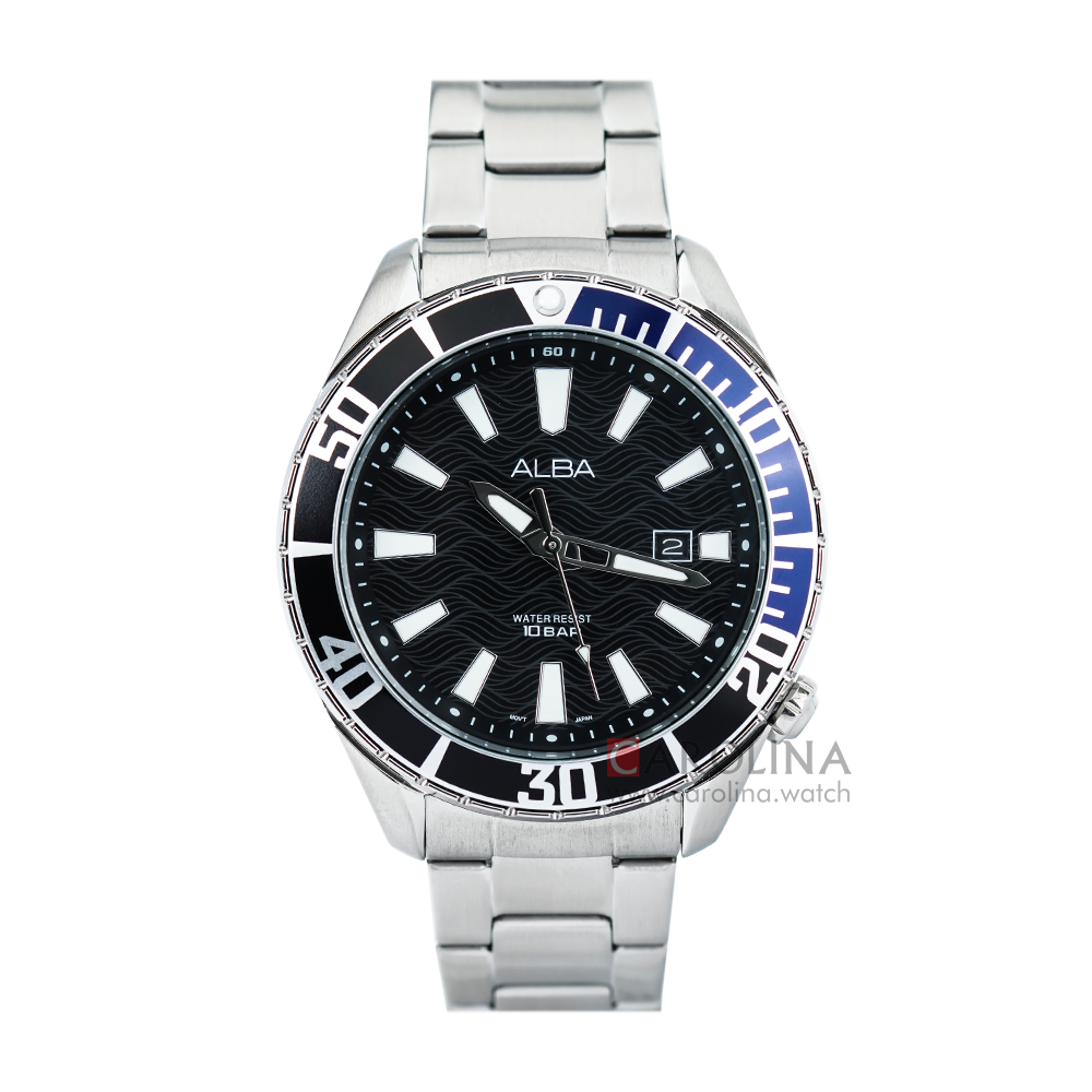 Jam Tangan ALBA Active AG8K33X1 Men Black Pattern Dial Stainless Steel Strap
