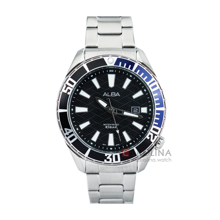Jam Tangan ALBA Active AG8K33X1 Men Black Pattern Dial Stainless Steel Strap