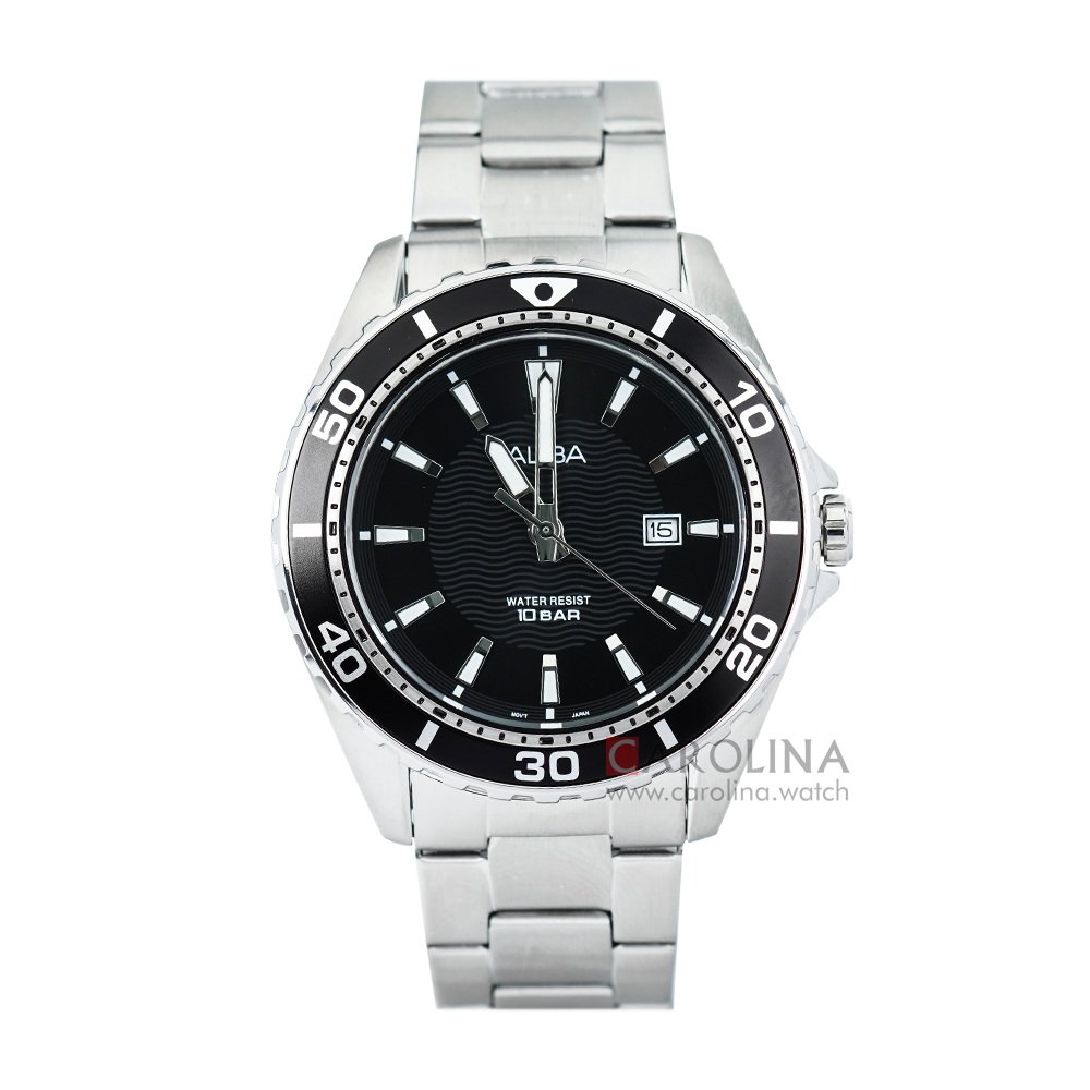 Jam Tangan ALBA Fashion AG8L29X1 Men Black Patterned Dial Stainless Steel Strap