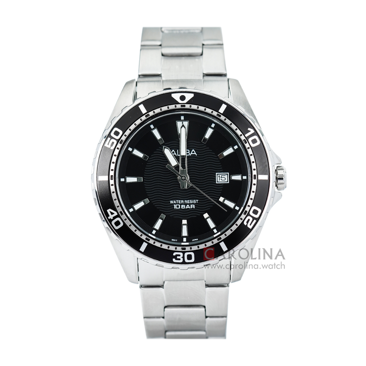 Jam Tangan ALBA Fashion AG8L29X1 Men Black Patterned Dial Stainless Steel Strap