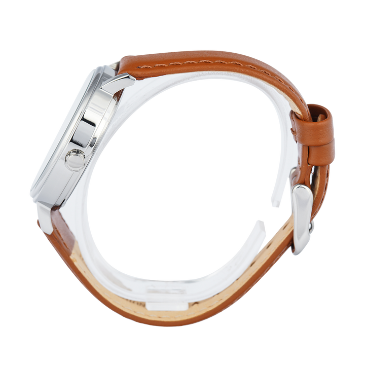 Jam Tangan ALBA Fashion AG8N93X1 Women Silver White Dial Light Brown Leather Strap