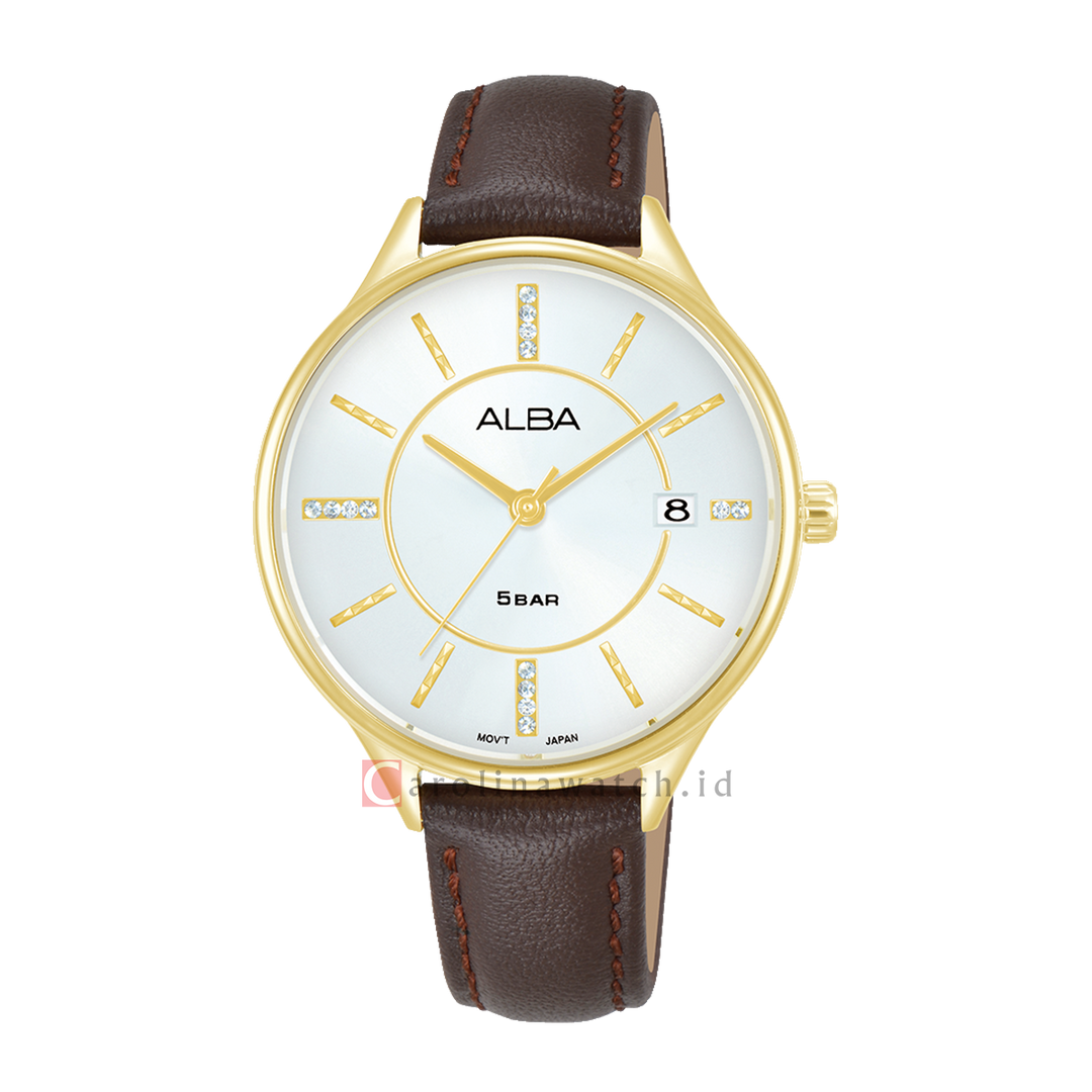 Jam Tangan ALBA Fashion AG8Q58X1 Women Silver White Dial Dark Brown Leather Strap
