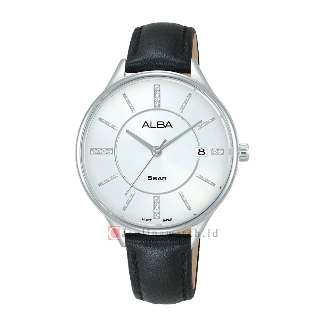 Jam Tangan ALBA Fashion AG8Q59X1 Women Silver White Dial Black Leather Strap