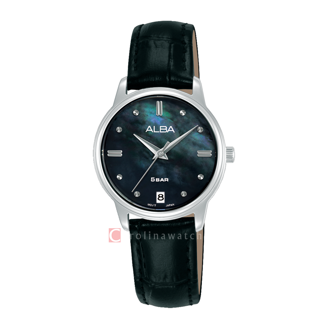 Jam Tangan Alba Fashion AG8Q81X1 Women Mother of Pearl Dial Black Leather Strap