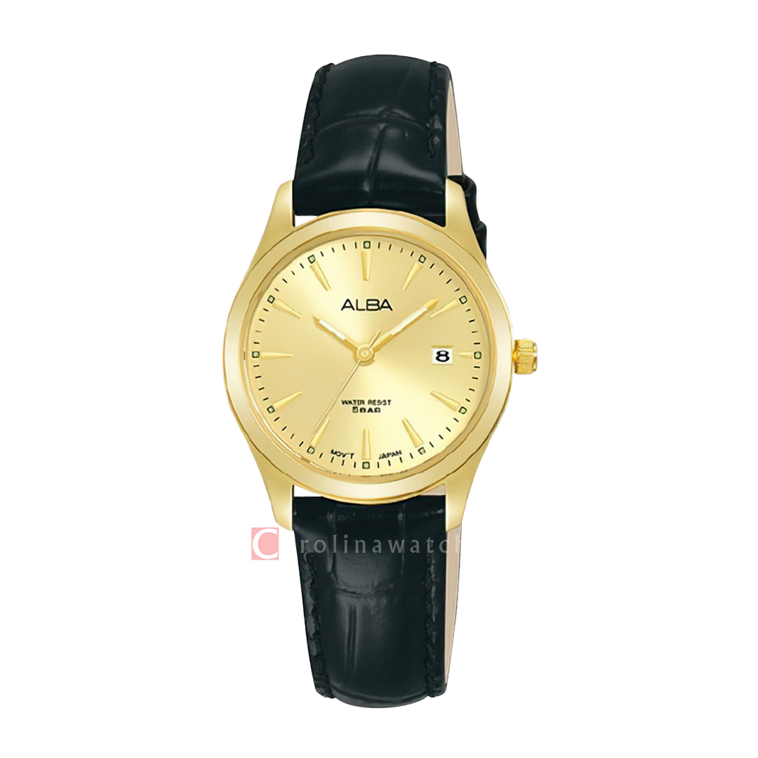 Jam Tangan ALBA AH7BP0X1 Women Gold Dial Black Leather Strap