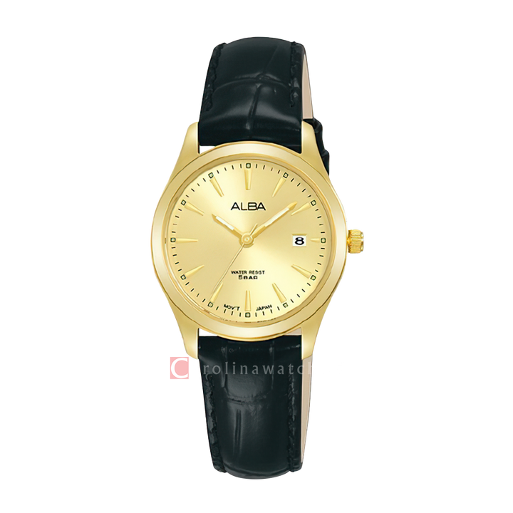 Jam Tangan ALBA AH7BP0X1 Women Gold Dial Black Leather Strap